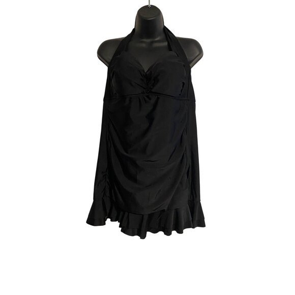 VM Women's 16W Black Halter Swim Dress Ruffle Hem Detail Beach Vacation Summer - Picture 1 of 15